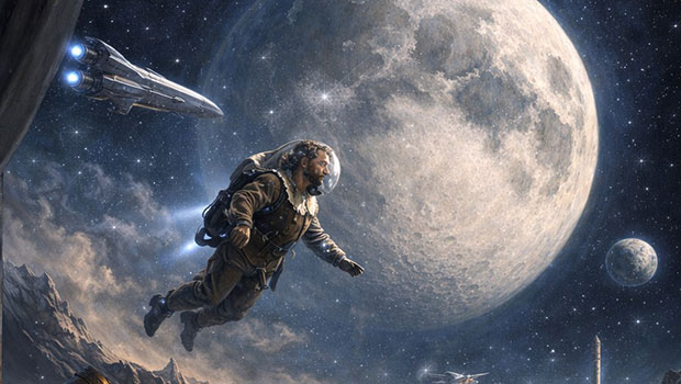 Astronaut, der zum Mond fliegt
