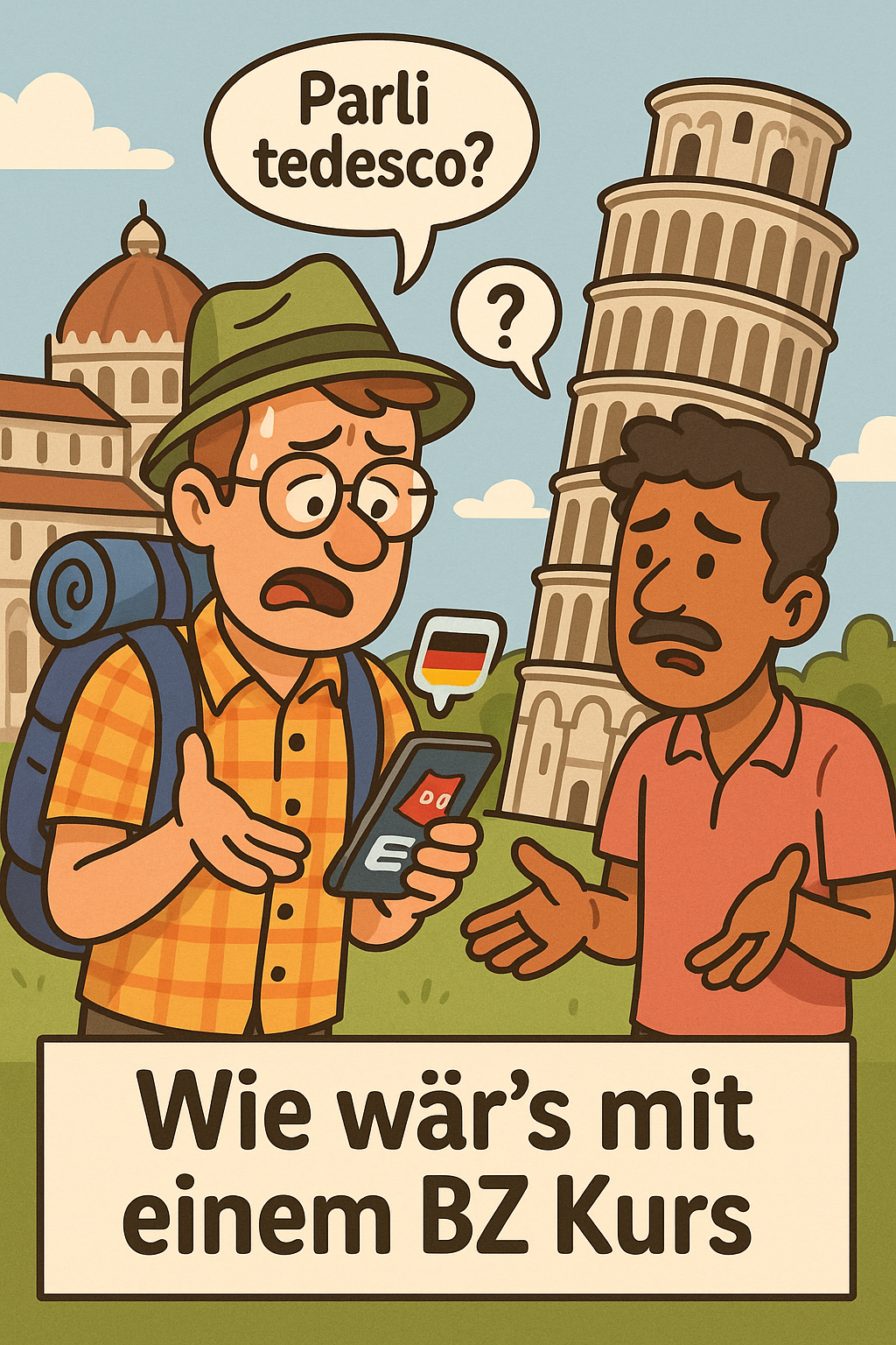 Ein Tourist in Pisa, der frustriert ist, weil er sich nicht verständigen kann.
