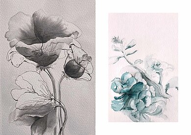 zwei Bilder von gemalten und gezeichneten Pflanzen auf Aquarellpapier, auf einem Bild ist eine Blume mit Blütenkelch abgebildet, gemalt mit Aquarellfarben und Tusche, auf dem anderen Bild sieht man in Aquarell eine grüne Pflanze.