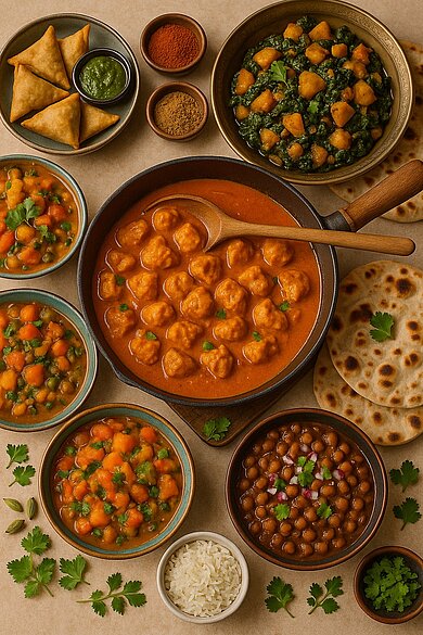 Discover the Flavors of India! Auf verschiedenen Tellern werden unterschiedliche, bunte indische Spezialitäten präsentiert.