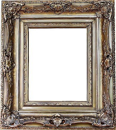 Rechteckiger, goldfarbener Bilderrahmen mit aufwändigen floralen Verzierungen an den Ecken und Kanten.

