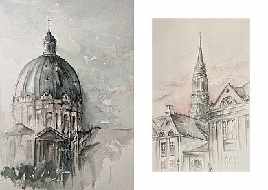 Sie sehen ein aquarelliertes und gezeichnetes Bild von einem Gebäude mit Turmspitze und ein weiteres Bild in Aquarell auf dem ein Gebäude mit rundem Kuppeldach zu sehen ist. 