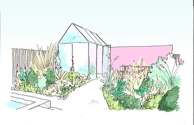 Gezeichneter Garten mit grünen Pflanzen, im Hintergrund ein Gewächshaus, Abgrenzung links durch Zaun und hinten durch Mauer.