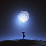 Mädchen steht auf einem Bein und hält den Mond wie einen Ballon an einer Schnur fest. 