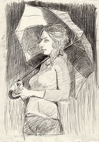 Bleistiftzeichnung einer Frau mit Regenschirm.