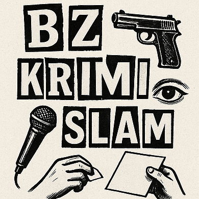 Schwarz-weiße Collage mit den Worten 'BZ KRIMI SLAM', einer Pistole, einem Auge, einem Mikrofon und zwei Händen, die Zettel halten.