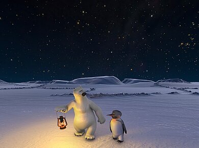 Ein  Eisbär mit einer Laterne in der Hand und ein  Pinguin laufen nebeneinander auf einer Eisscholle (animiert).
