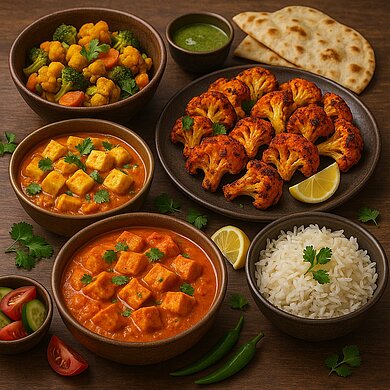 Discover the Flavors of India! Auf verschiedenen Tellern werden unterschiedliche, bunte indische Spezialitäten präsentiert.