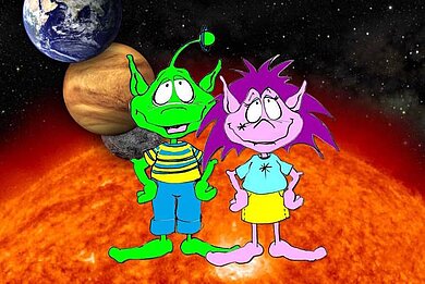 Die Aliens Felix, grün mit Antenne auf dem Kopf und Luna, rosa mit lila Strubbelhaaren im Vordergrund, im Hintergrund Ausschnitte der Sonne und der Planeten unseres Sonnensystems (animiert).
