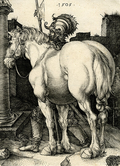 Schwarz-weiße Linienzeichnung eines großen Pferdes mit einem Ritter in Rüstung und Helm im Hintergrund vor einer Säule und Gebäuden