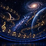Planetariumskuppel mit Sternenhimmel, Planeten und leuchtenden Musiknoten.