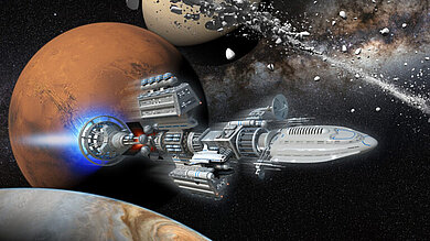 Raumschiff einer fiktiven zukünftigen Mission im Vorbeiflug an Planeten unseres Sonnensystems (animiert).