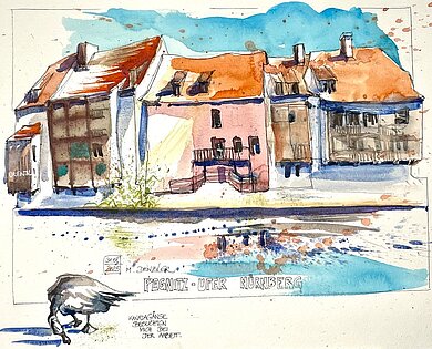 Buntes Sketchbild, auf dem Häuser am Ufer der Pegnitz zu sehen sind.