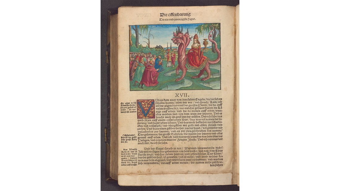 kolorierter Holzschnitt zur Apokalypse in der Luther-Bibel