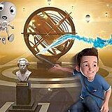 Im Vordergrund fliegt der Junge Limbradur auf einem Skateboard, gefolgt von dem  kleinen fliegenden Wissensroboter Alby. Im Hintergrund ist eine Büste von Albert Einstein sowie ein  mittelalterlisches Tischplanetarium zu sehen (animiert).