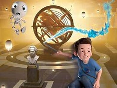 Im Vordergrund fliegt der Junge Limbradur auf einem Skateboard, gefolgt von dem  kleinen fliegenden Wissensroboter Alby. Im Hintergrund ist eine Büste von Albert Einstein sowie ein  mittelalterlisches Tischplanetarium zu sehen (animiert).