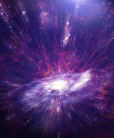 Künstlerische Interpretation eines Quasaren in violetten Farbtönen gehalten.