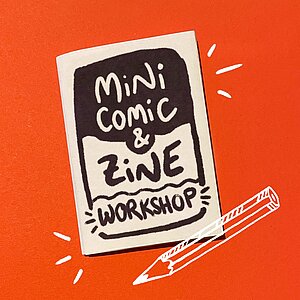 Roter Hintergrund mit einem Heft „Mini Comic & Zine Workshop“ und einer Bleistiftzeichnung daneben.