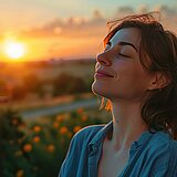 Portrait einer jungen Frau mit geschlossenen Augen, entspannt im Freien bei Sonnenuntergang