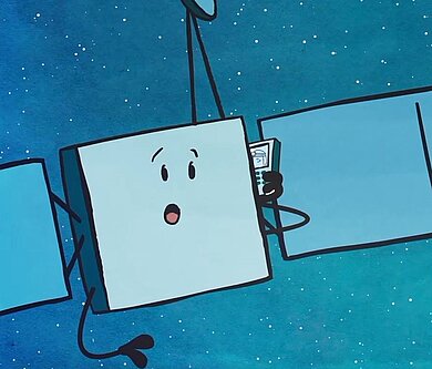 Raumsonde Rosetta mit Handy am Ohr, im Cartoonstil .