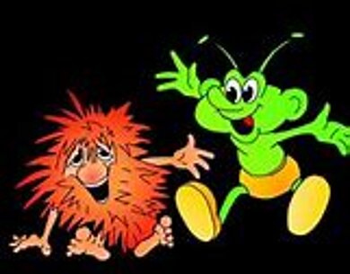 Darstellung der Planetariumskobolde Plani und Wuschel. Plani ist haarlos, grün, hat Fühler und befindet sich im rechten Teil des Bildes, Wuschel ist stark behaart,orange und hat eine große Nase und befindet sich links im Bild.