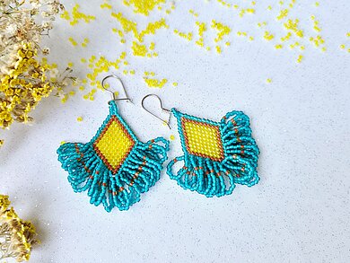 Zu sehen sind 2 bunte Ohrhänger mit kleinen Perlen gefertigt.