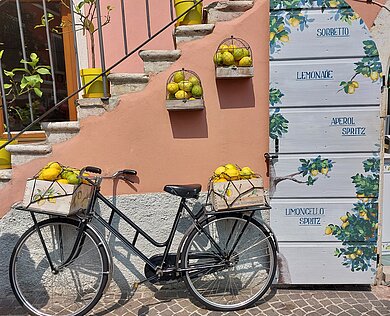 Ein Fahrrad lehnt vor einer orangenen hauswand mit Zitronen im Korb