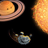 Im Vordergrund die kleine Sternschnuppe Stups mit Armen, Beinen und Gesicht, die sich gerade von der Sonne entfernt (animiert). 