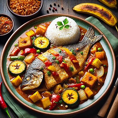Spezialitäten aus Zentralafrika Auf einem Teller liegt ein köstlich zubereiteter, gebackener Fisch mit Gemüse und Kochbananen garniert.