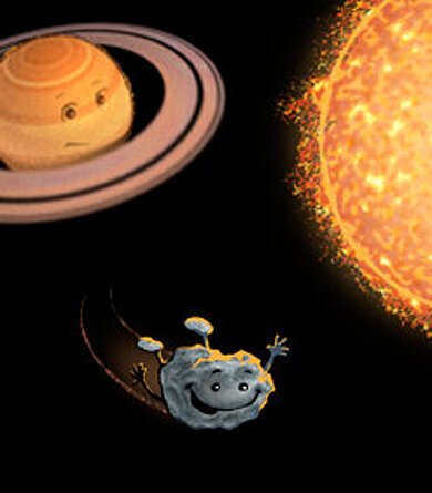 Im Vordergrund die kleine Sternschnuppe Stups mit Armen, Beinen und Gesicht, die sich gerade von der Sonne entfernt (animiert). 
