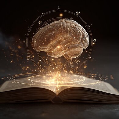 Ein futuristisches Gehirn schwebt über einem aufgeschlagenem Buch.