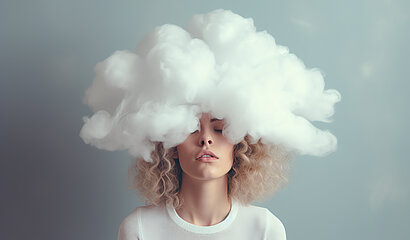 Frau vor grauem Hintergrund mit einer weißen Wolke vor dem Kopf