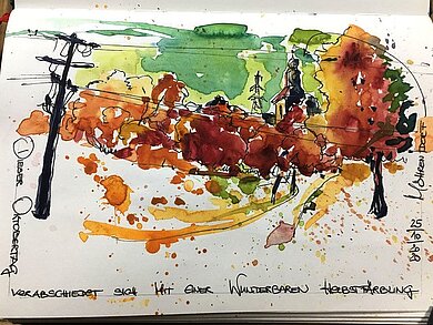 Buntes Sketchbild, im Vordergrund einen Strommast, dahinter Bäume mit rotbraunen Blättern, im Hintergrund ein Kirchturm und grüne Flächen.