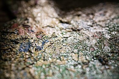 Nahaufnahme einer rissigen, mehrfarbigen Oberfläche mit unregelmäßiger Struktur. Es handelt sich dabei um ein Ölgemälde