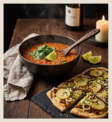 Auf einem rustikalen Holztisch steht eine Schüssel mit einer dampfenden herbstlichen Suppe, daneben ein Schieferbrett mit Flammkuchen darauf. 
