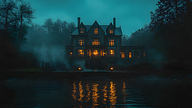 Großes, altes Haus mit beleuchteten Fenstern am Ufer eines Gewässers bei Dämmerung