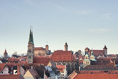 Ansicht von Nürnberg mit historischen Gebäuden und Kirchtürmen unter hellem Himmel.