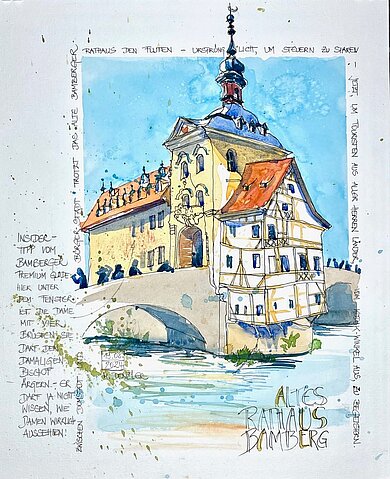 Buntes Sketch-Bild des alten Rathauses in Bamberg (im Vordergrund sieht man eine Brücke und Personen auf der Brücke und den Fluß).