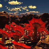 Fiktive Landschaft auf einem fernen Planeten (künstlerische Darstellung)