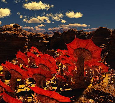 Fiktive Landschaft auf einem fernen Planeten (künstlerische Darstellung)