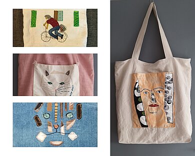 Es sind verschiedene textile Bilder zu sehen.