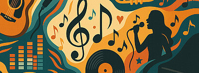 Musikinstrumente, Noten vor buntem Hintergrund