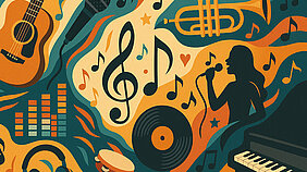 Musikinstrumente, Noten vor buntem Hintergrund