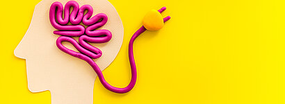 Eine stilisierte Kopf-Silhouette mit einem pinken, knotenartigen Gehirn und einer angedeuteten elektrischen Verbindung auf gelbem Hintergrund.