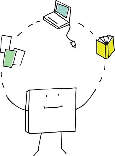 Eine Figur jongliert mit Blättern, Laptop und Buch.