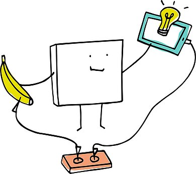 Eine Figur hält eine Banane und ein Tablet in der Hand, die mit einem Kabel verbunden sind.