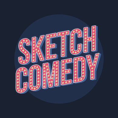 Logo mit dem Schriftzug 'SKETCH COMEDY' in Großbuchstaben mit Leuchtpunkten
