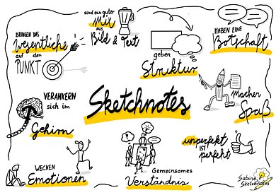 Deep Dive: Eintauchen in die Welt der Sketchnotes Das Bild zeigt eine gezeichnete Sketchnotes mit verschiedenen Elementen.