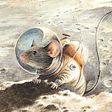  Die Maus Armstrong im Astronautenanzug auf dem Mond (colorierte Zeichnung). 