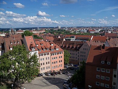 Stadt begehen. Stadt sehen. Stadt verstehen Stadtansicht mit roten Ziegeldächern, Bäumen und blauem Himmel mit Wolken.